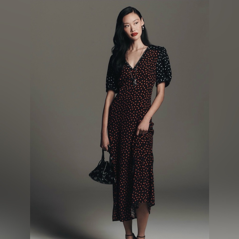 NWT Anthropologie Elegant Black and Red Heart Polka Dot Dress